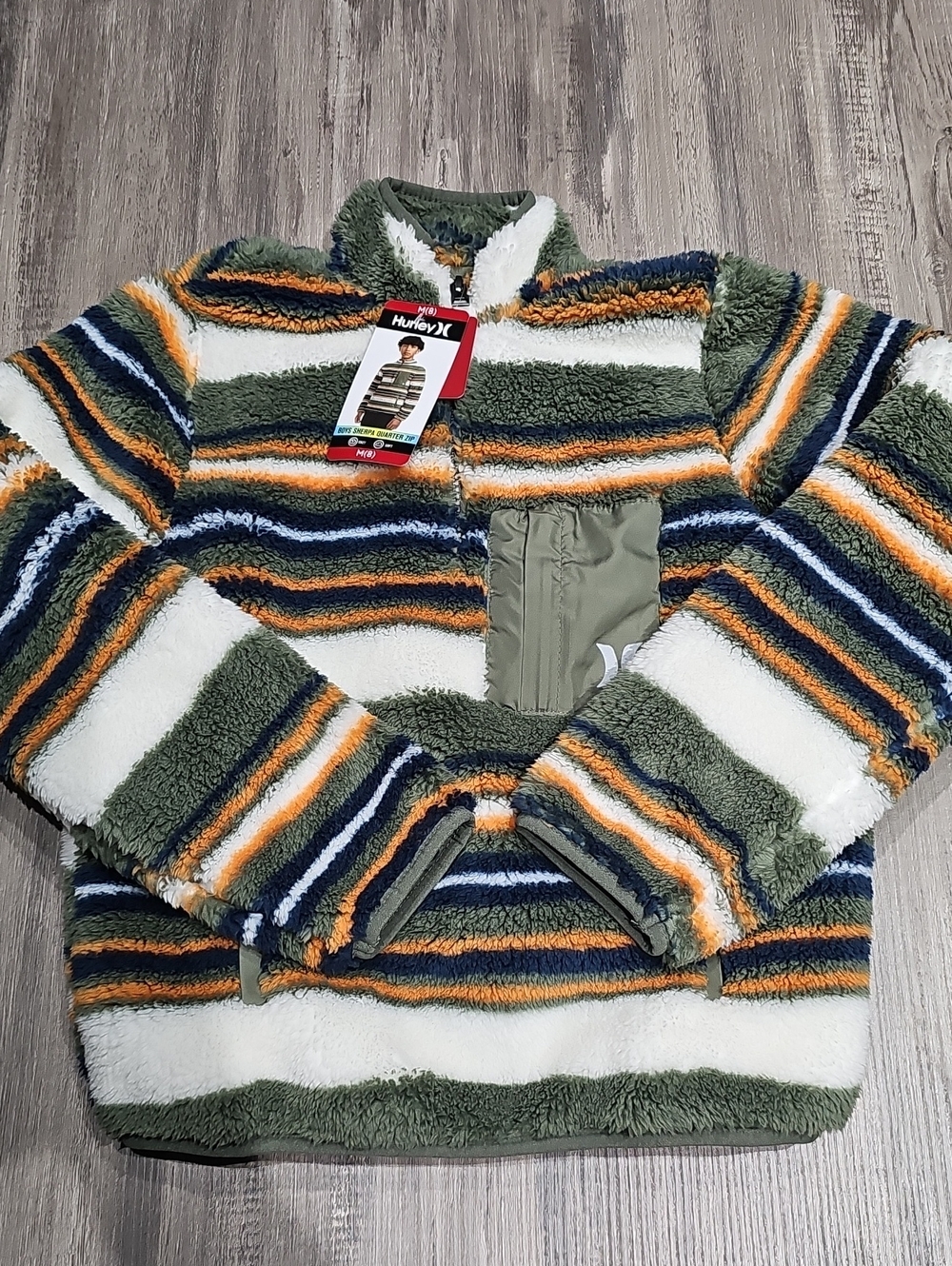 Hurley Kids Olive, White & Orange Striped Sherpa Quarter-Zip Jacket